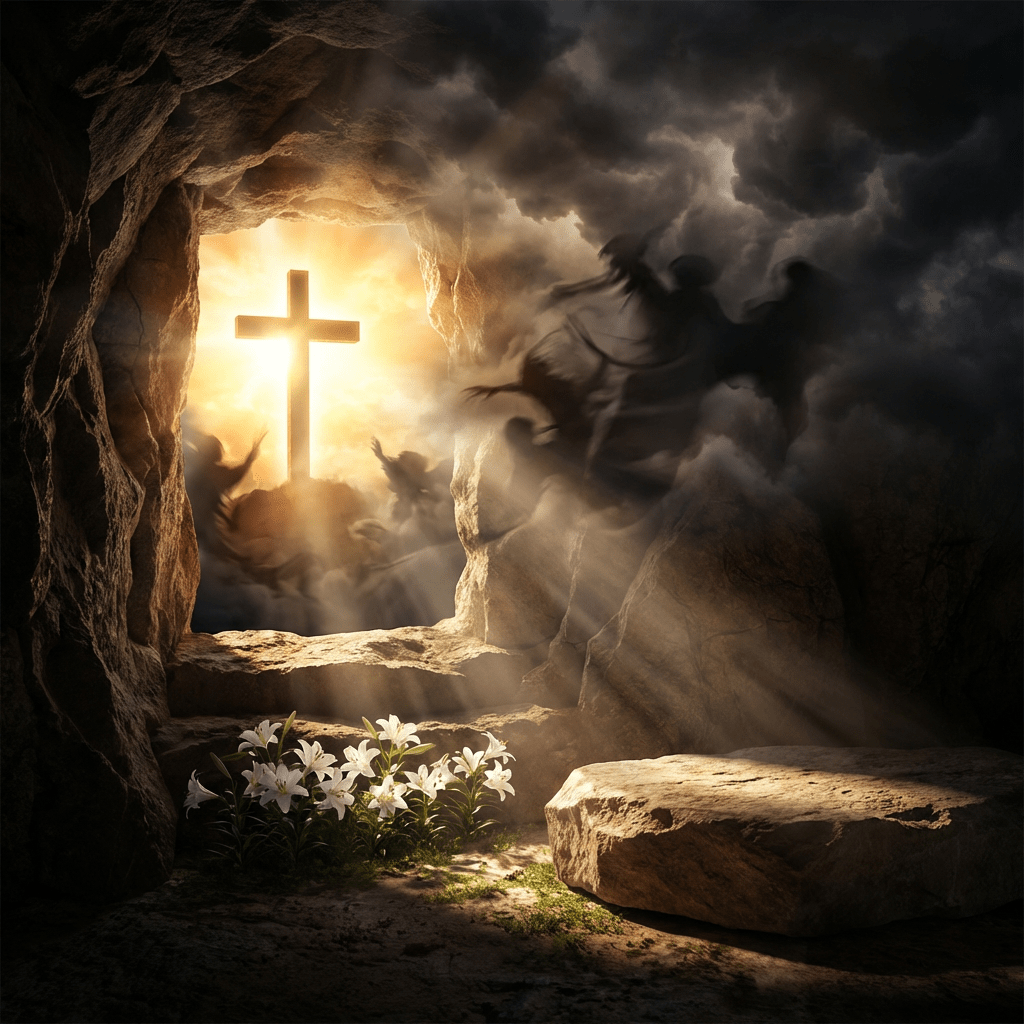 View from inside an empty stone tomb looking out at a glowing cross.